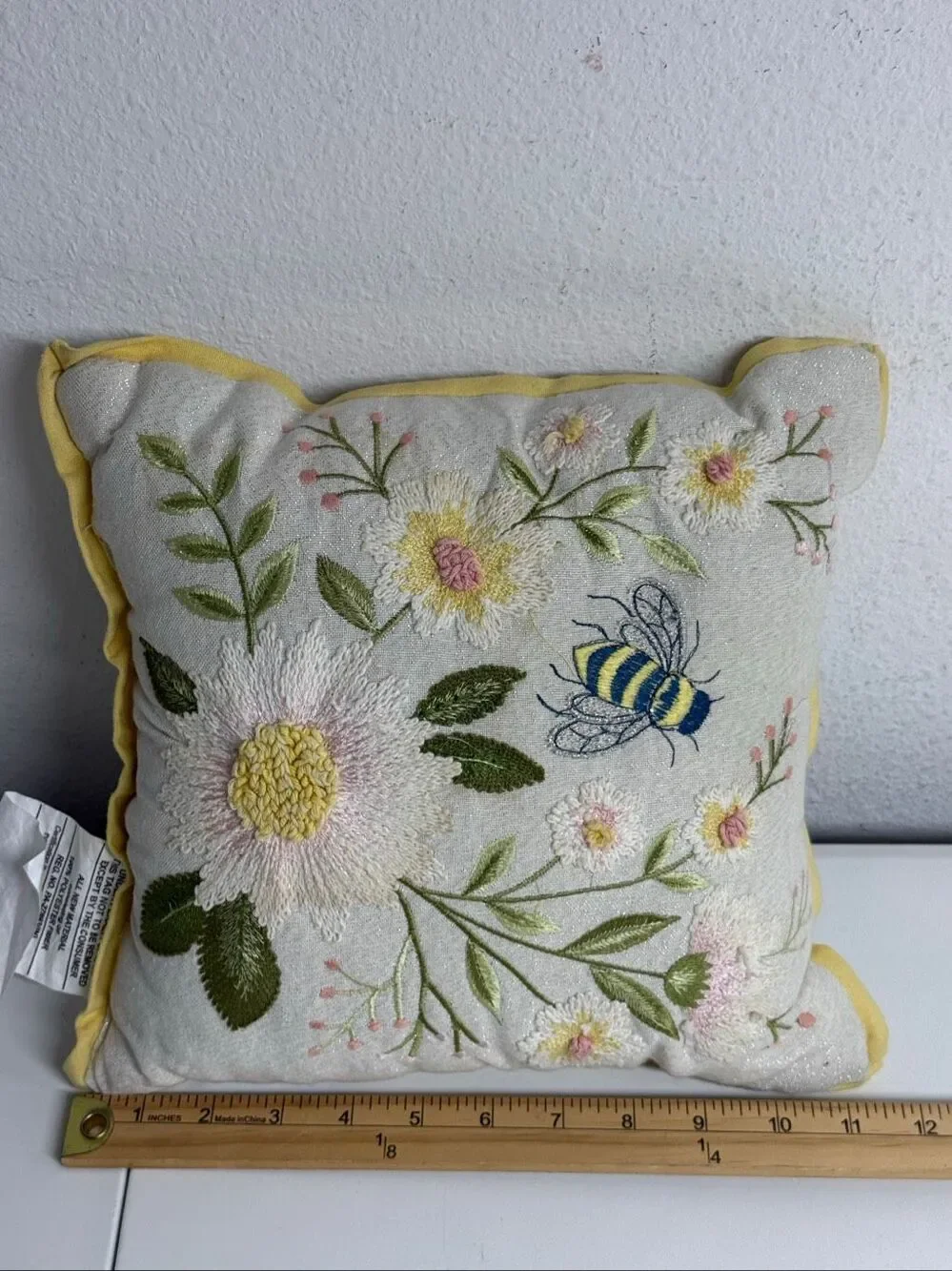 Bee Embroidered Floral Throw Pillow Cottagecore Cotton Metallic Accent 11”x11 “